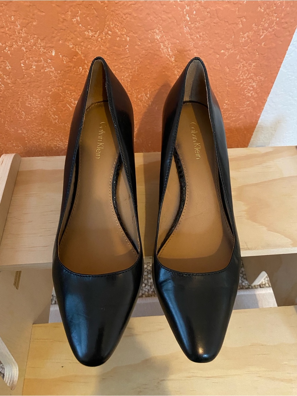 Calvin Klein Black Leather Pointed Pumps with Mid Heel